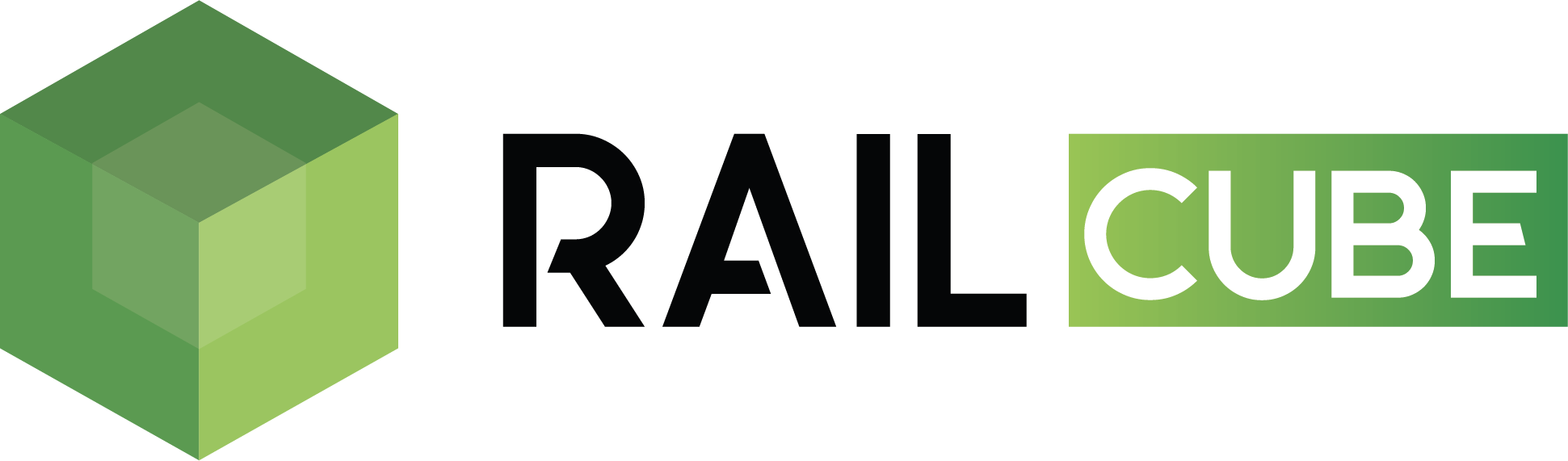 The RailCube logo features a minimalist design with a green isometric cube icon on the left, followed by the text 